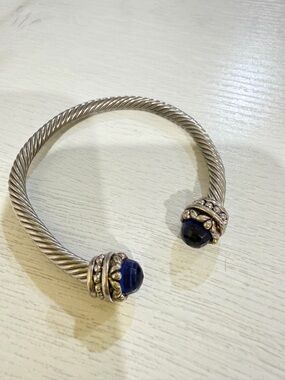 Sterling-Tone Twisted Cuff Bracelet with Navy Blue Gem End Caps